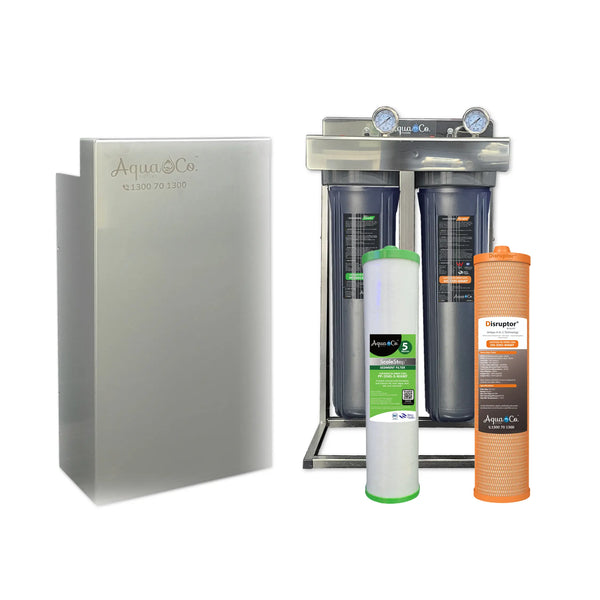 AquaCo 2 stage PFAS whole House Filtration system with stainless steel cover on a white background
