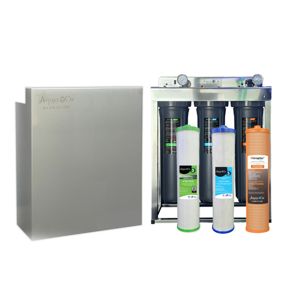 AquaCo PFAS water filtration system with individual filters on a white background