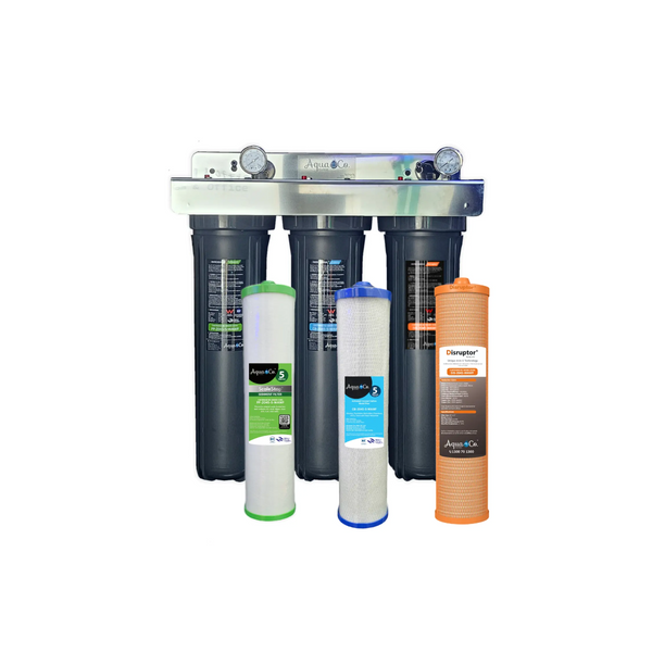 AquaCo PFAS water filtration system with filters on a white background