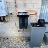 AquaCo-Water-Softener+Twin-Whole-House-Water-Filter-Combo classic installed outside covers removed