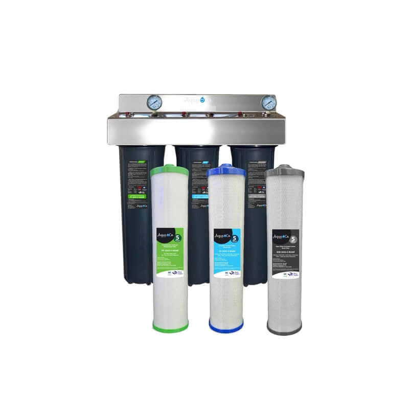 AquaCo 3 stage water filter system classic front view  with filters