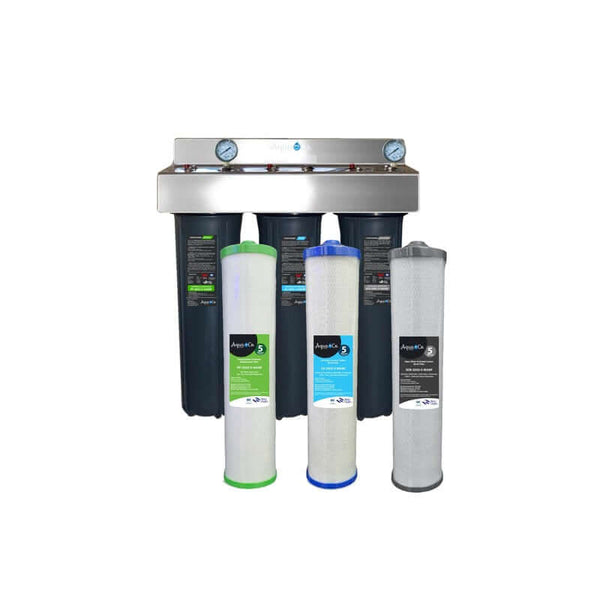AquaCo 3 stage water filter system classic front view  with filters
