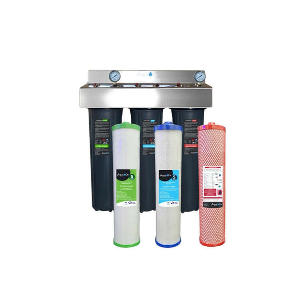 AquaCo 3 stage water filter system premium front view with filters