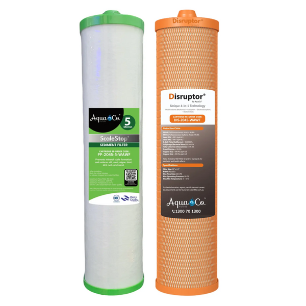 AquaCo 2 stage PFAS whole House Filtration replacement filters on a white background