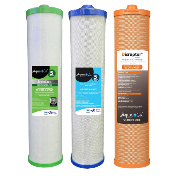 AquaCo 3 stage PFAS whole House Filtration replacement filters on a white background