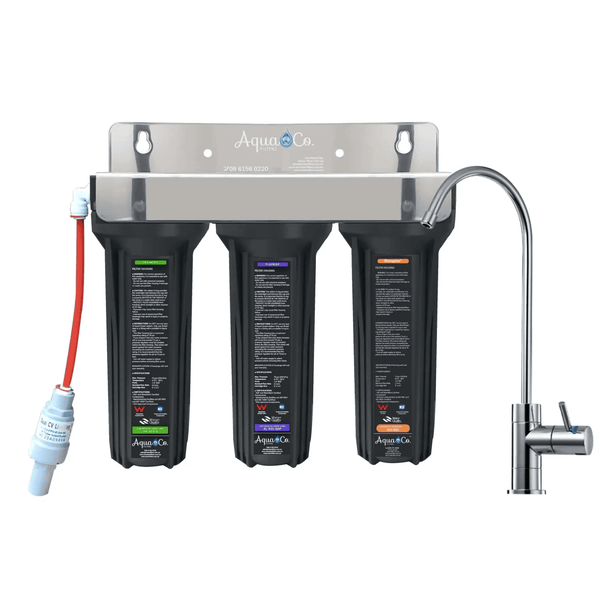 AquaCo undersink triple water filtration system on a white background