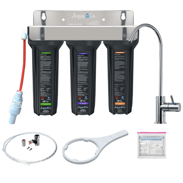 AquaCo undersink triple water filtration system with components on a white background